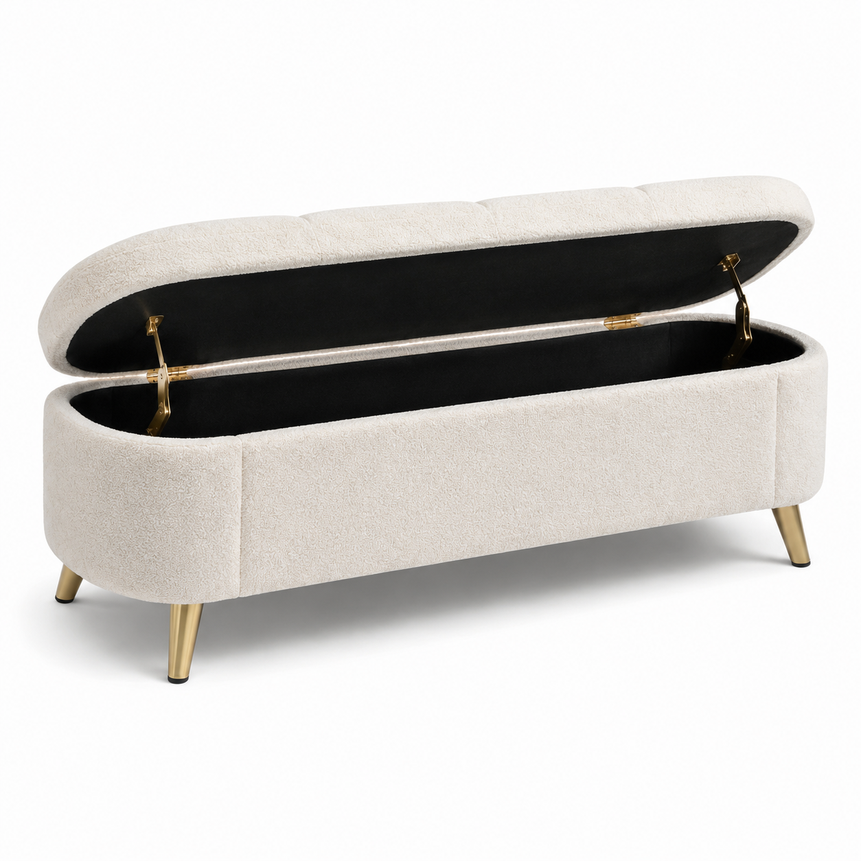 Sitzbank mit Stauraum, 120 x 45 x 45 cm, Bouclé-Bezug in Creme, goldfarbene Metallfüße