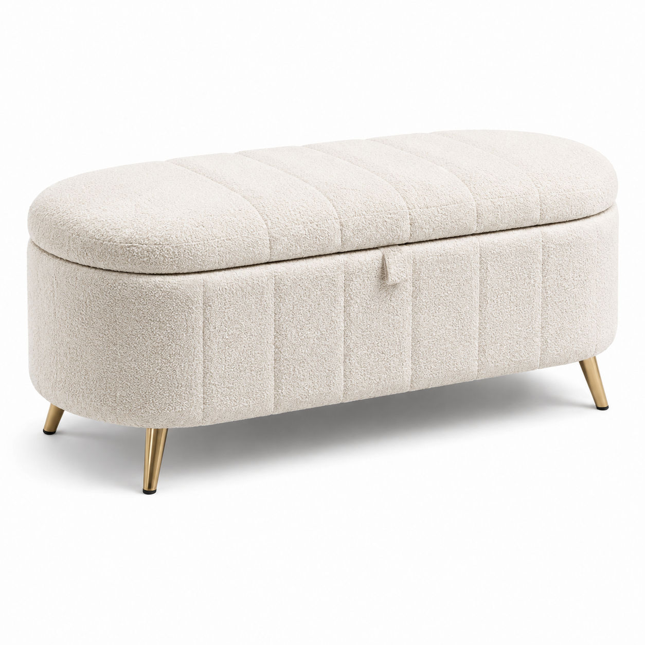 Sitzbank mit Stauraum, 110 x 45 x 46 cm, Bouclé in Cremeweiß, goldfarbene Metallbeine