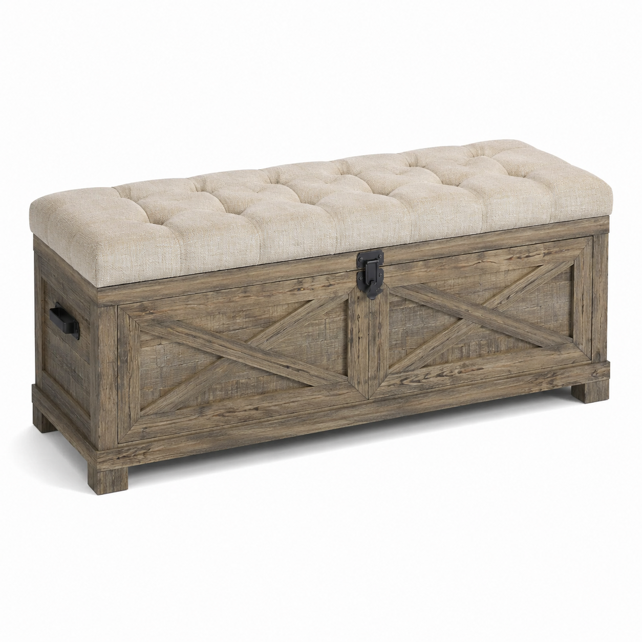 Gepolsterte Truhenbank mit Stauraum im Landhausstil, 120 x 40 x 50 cm, Braun/Beige/Schwarz