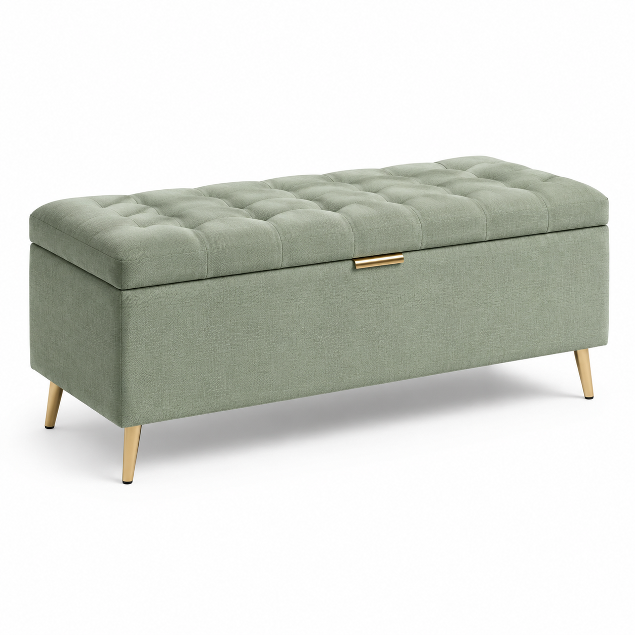 Gepolsterte Sitzbank mit Stauraum und Knopfheftung, 120 x 45 x 48 cm, Salbeigrün mit goldfarbenen Beinen
