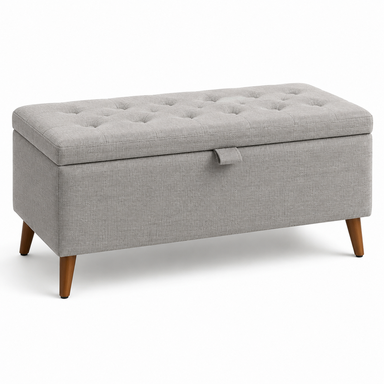 Gepolsterte Sitzbank mit Stauraum, hellgrauer Stoffbezug, braune Holzbeine, 100 x 40 x 45 cm