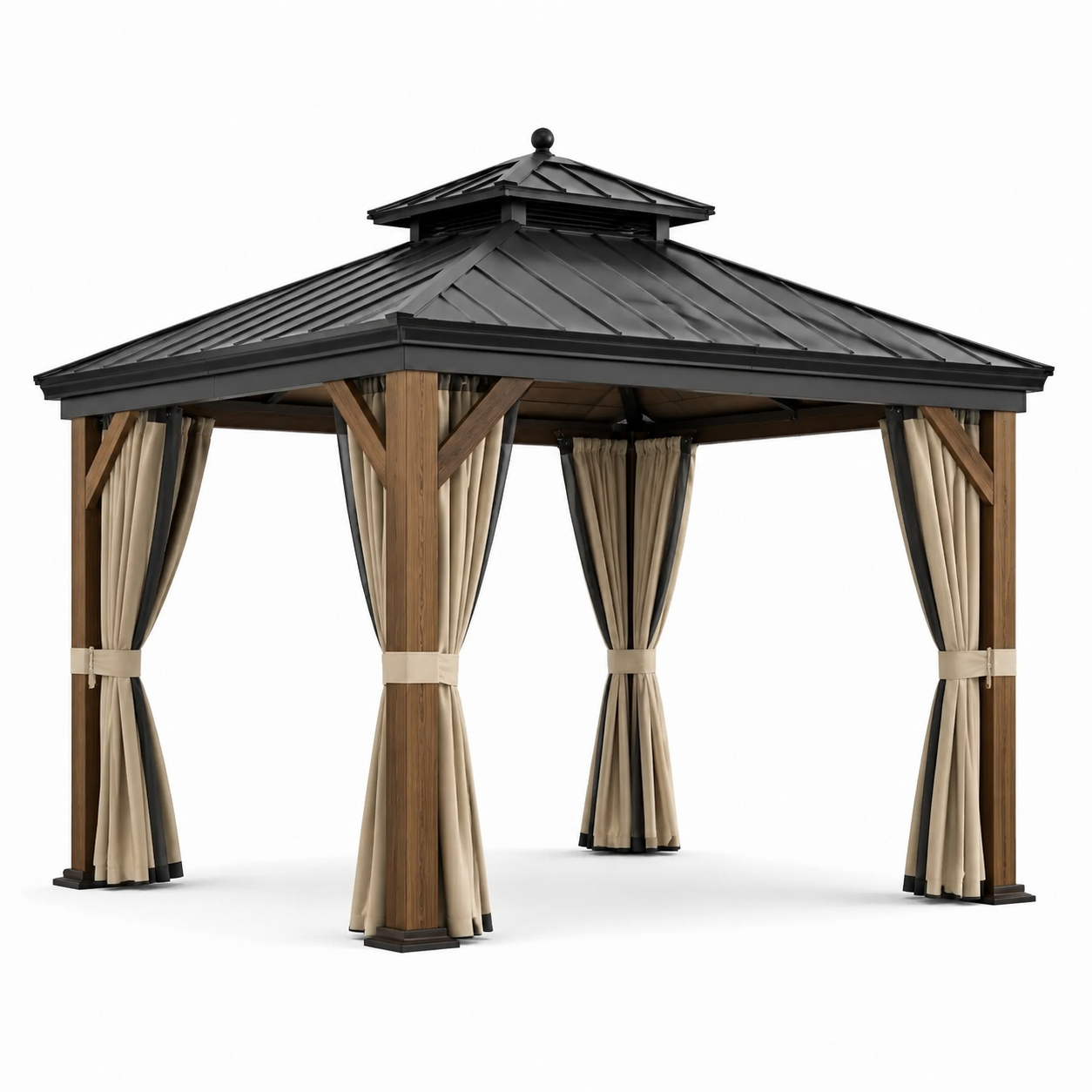 Gartenpavillon aus Holz und Metall mit Doppeldach und Vorhängen, 365 x 365 x 310 cm, Anthrazit/Braun/Beige