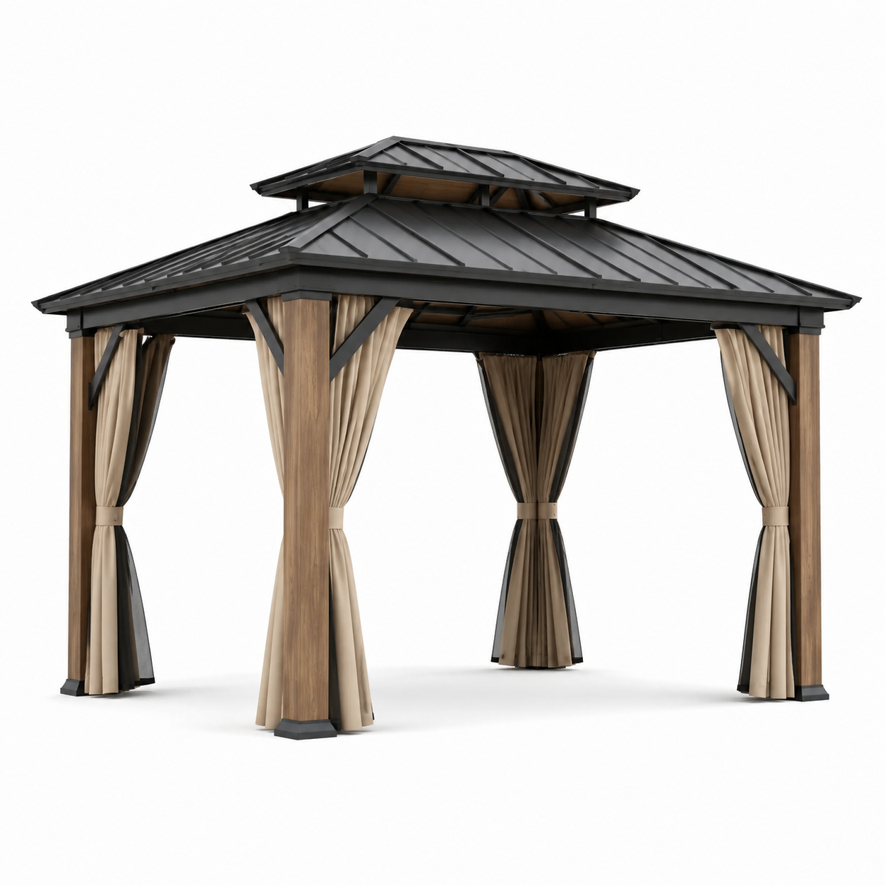 Gartenpavillon 300 x 300 x 270 cm mit festem Doppeldach und Seitenvorhängen, Schwarz/Holzbraun/Beige