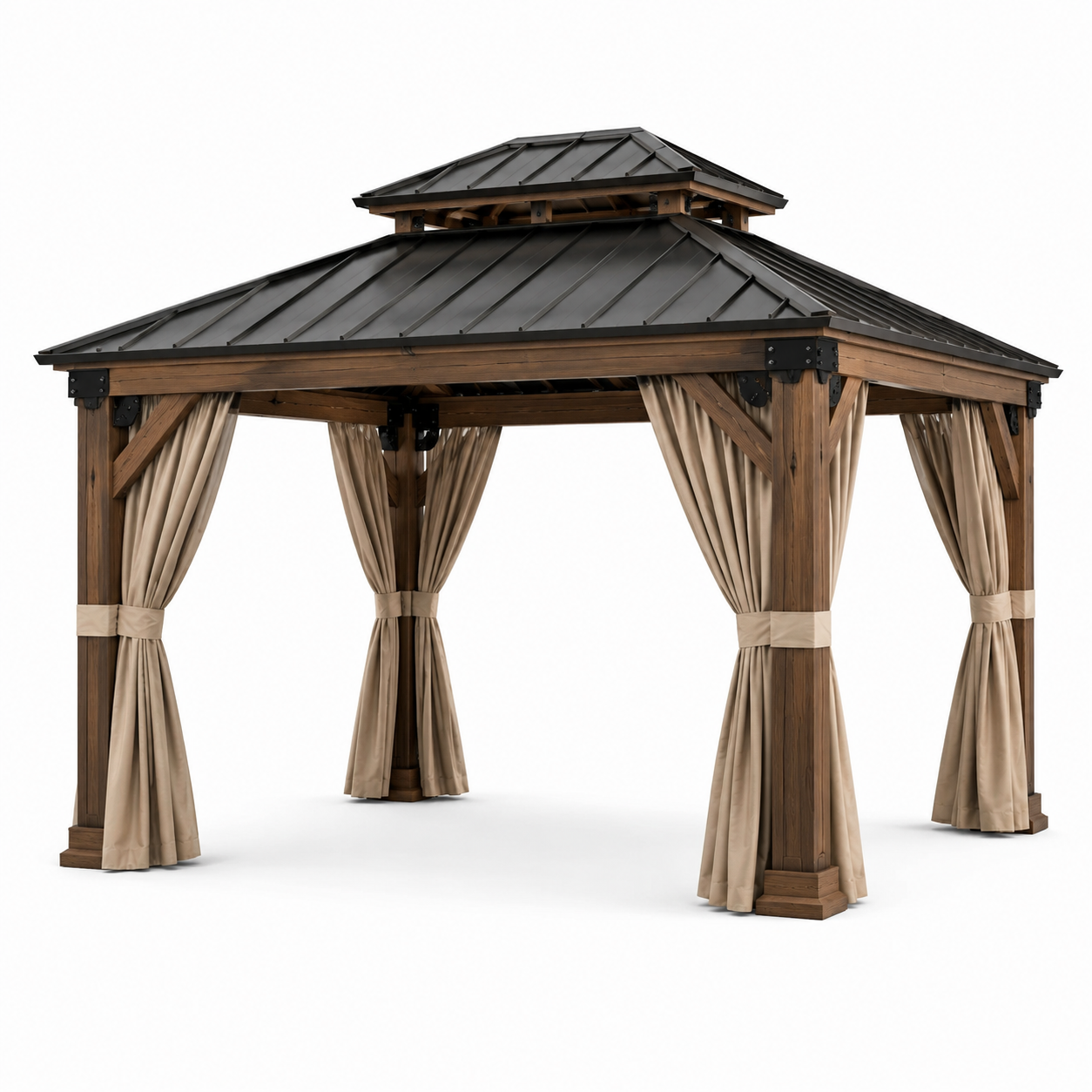 Holzpavillon mit Metalldach und Vorhängen, 400 x 300 x 290 cm, Braun/Schwarz/Beige