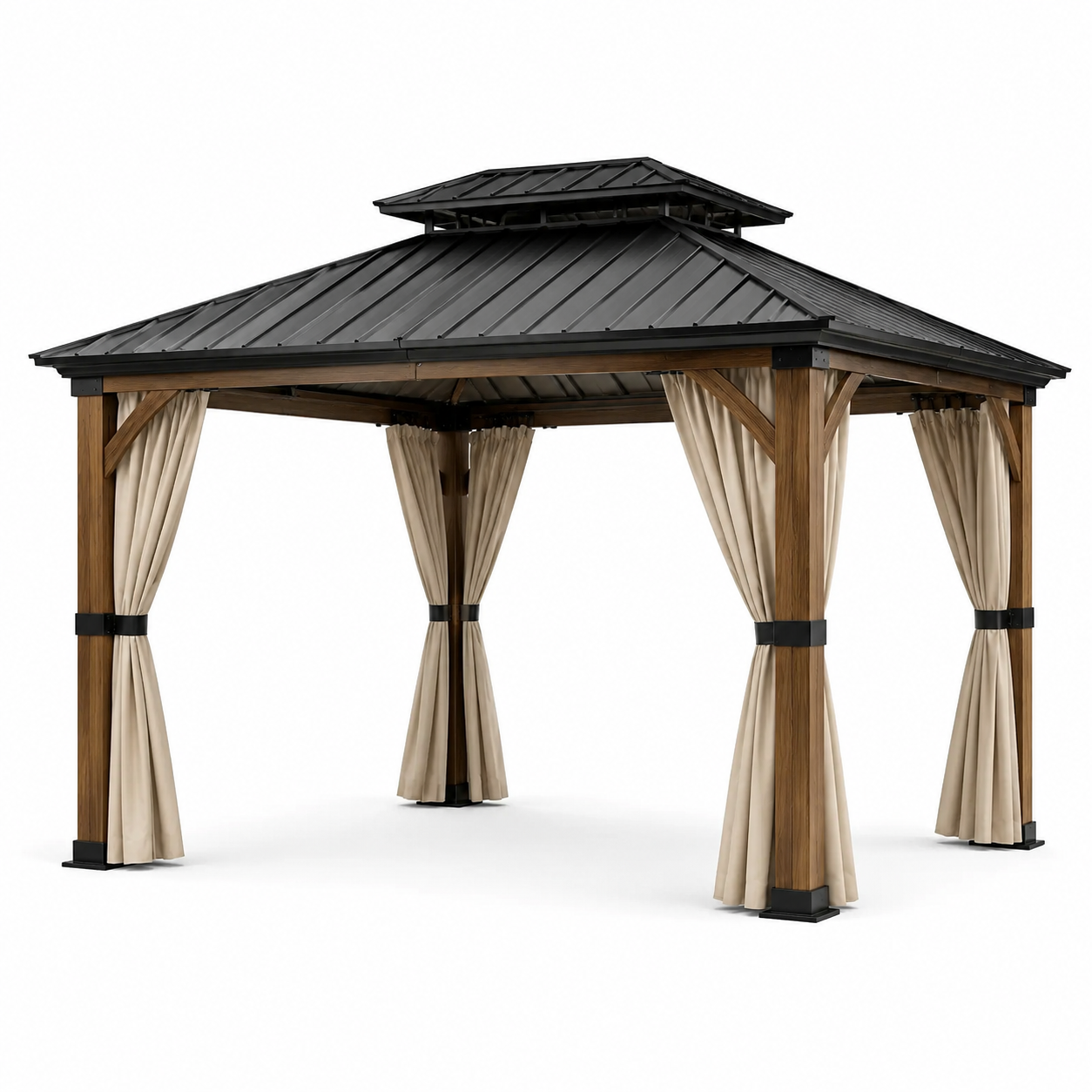 Gartenpavillon 400 x 300 x 285 cm mit Metalldach, brauner Holzoptik und beigen Vorhängen