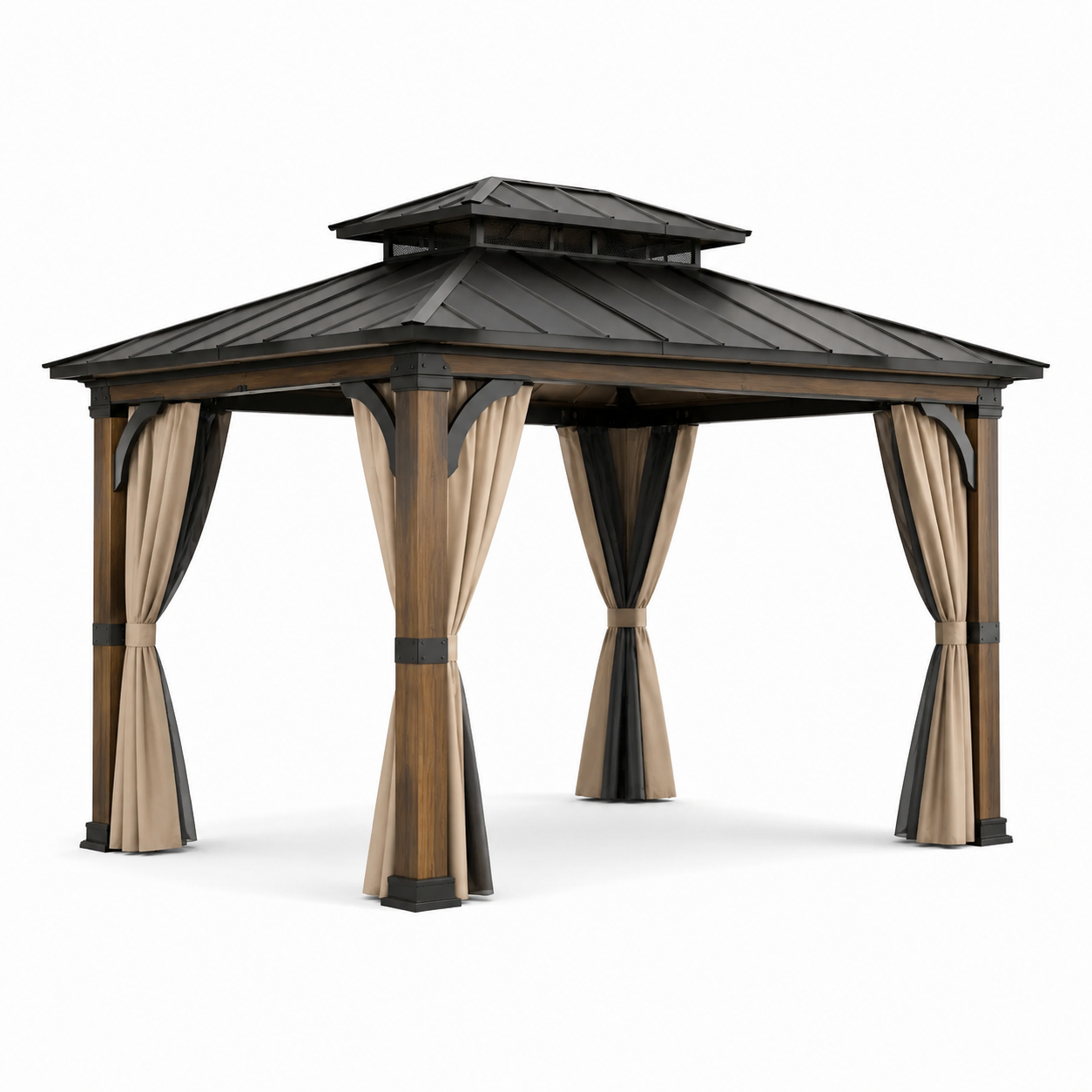 Gartenpavillon 400 x 300 x 300 cm aus Holz und Metall mit Doppeldach und Vorhängen, Anthrazit/Braun/Beige/Schwarz