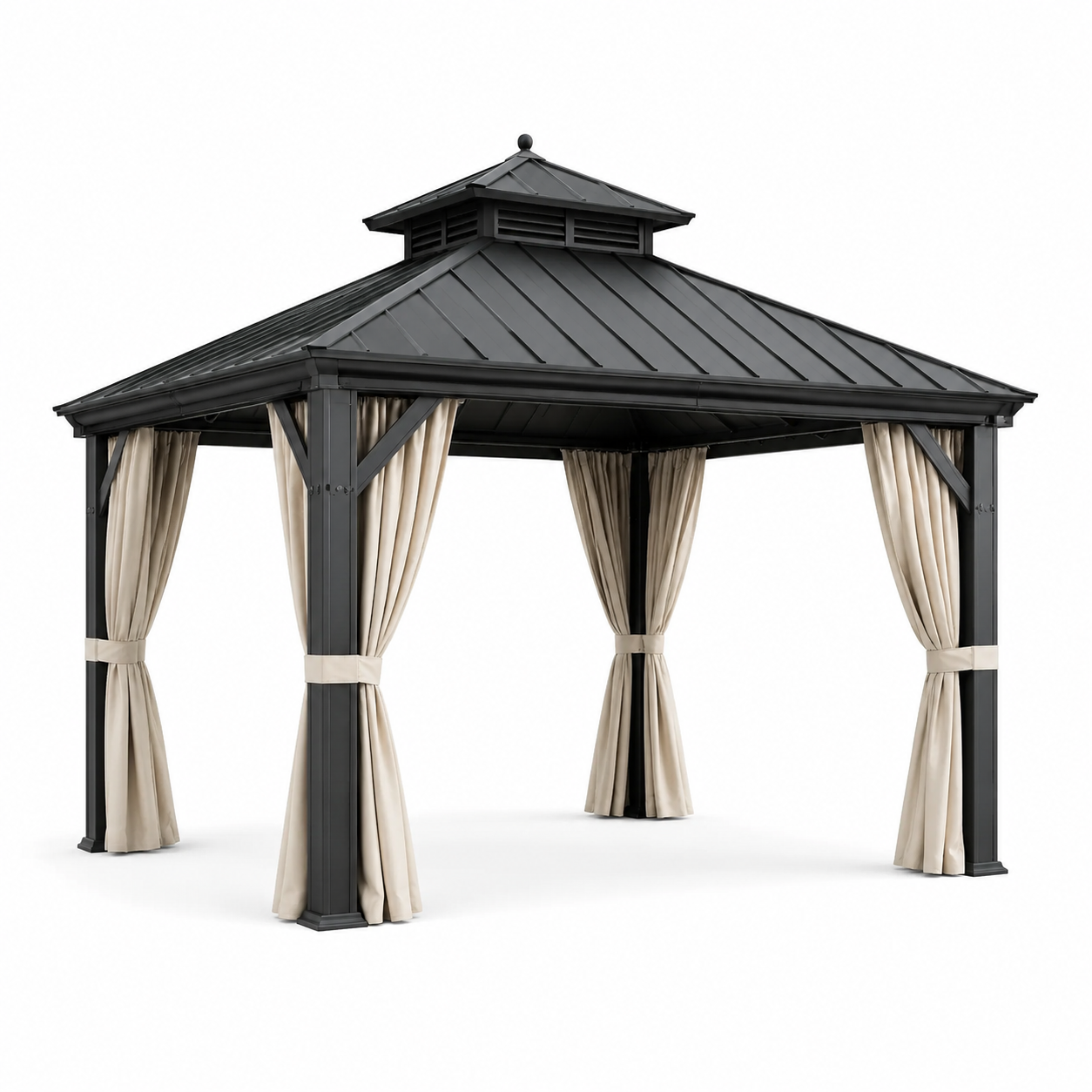 Gartenpavillon 400 x 300 x 290 cm, Anthrazit/Beige, festes Metalldach mit Vorhängen