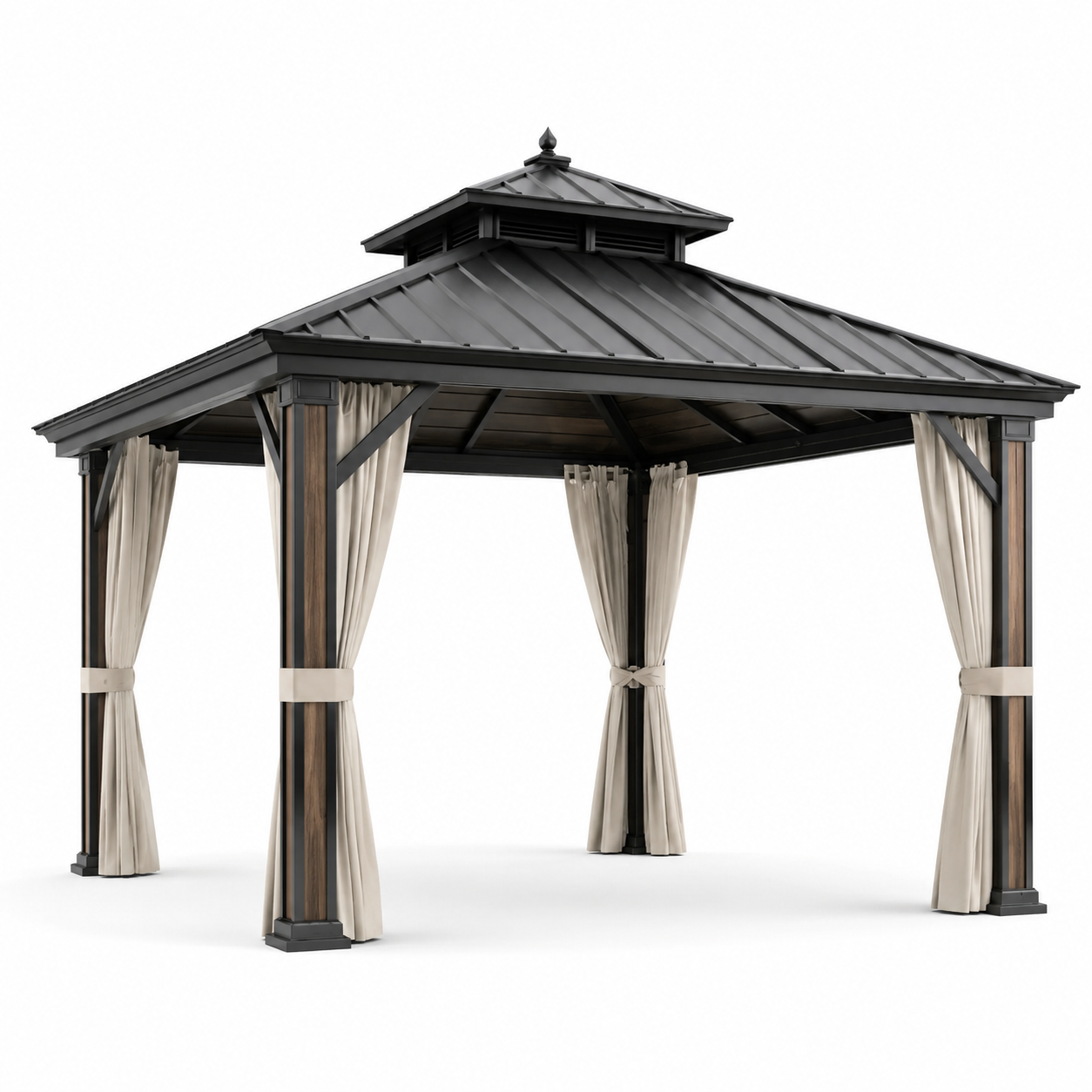 Gartenpavillon mit festem Metalldach und Vorhängen, 400 x 300 x 310 cm, Anthrazit/Braun/Beige