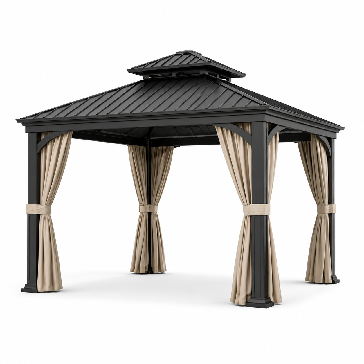 Metall-Gartenpavillon mit festem Dach und Seitenvorhängen, 400 x 300 x 290 cm, Anthrazit/Beige