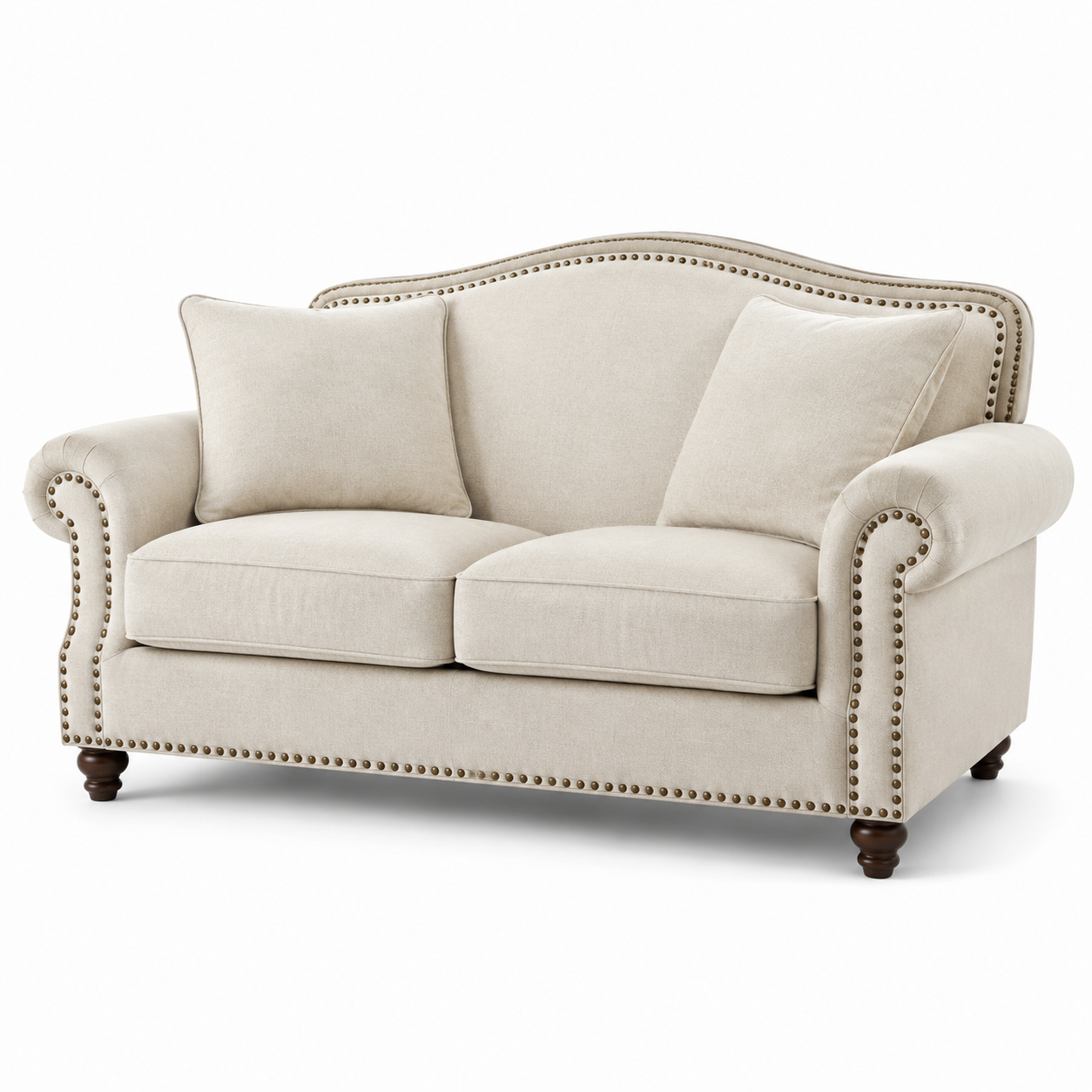 Klassisches 2-Sitzer-Sofa, 180 x 90 x 95 cm, Beige mit dunkelbraunen Holzfüßen und bronzefarbenem Ziernagelbesatz