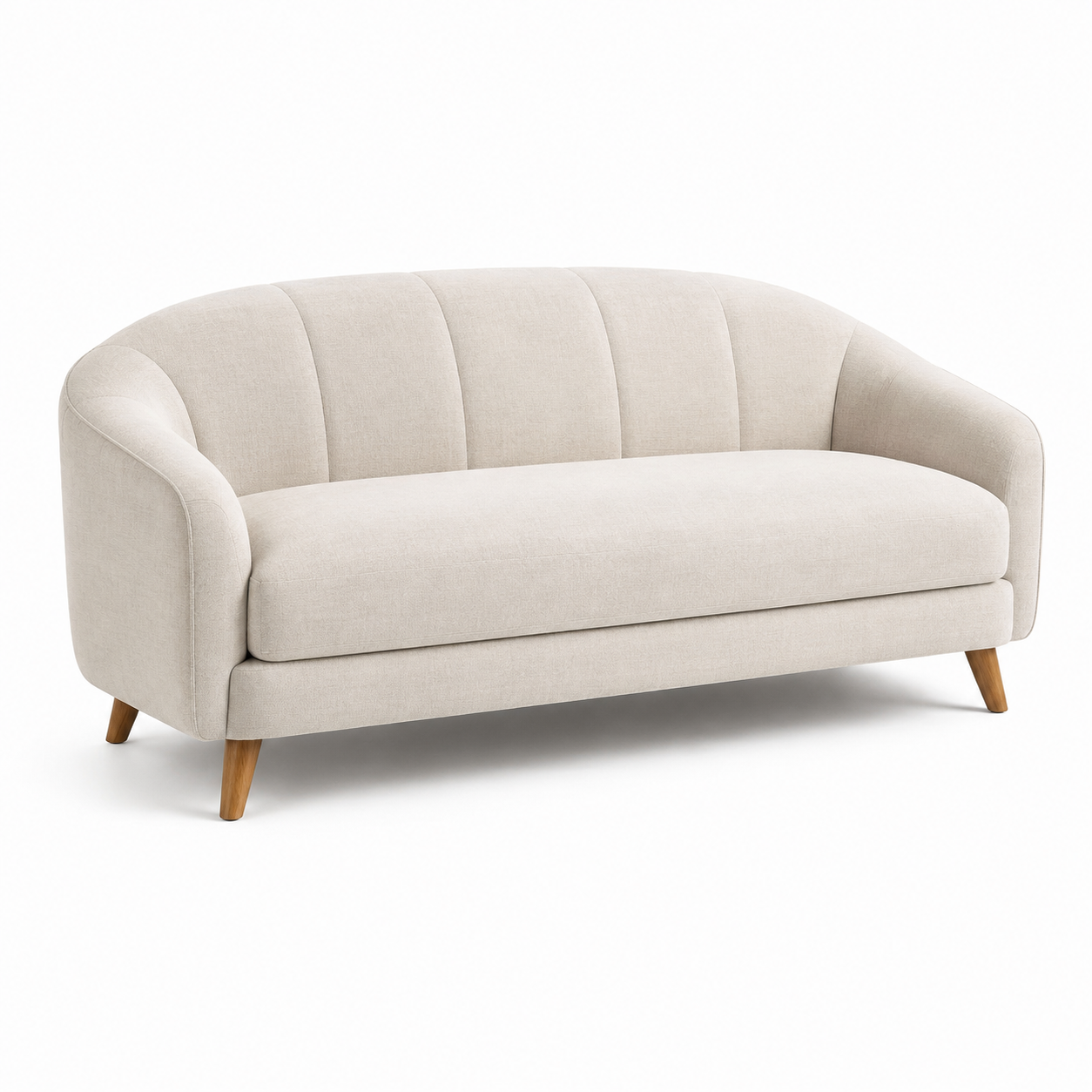 Modernes 3-Sitzer-Sofa in Creme mit braunen Holzfüßen, 205 x 85 x 80 cm, vertikale Steppung