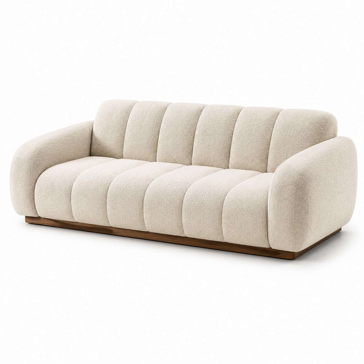 3-Sitzer-Sofa aus Bouclé in Elfenbein mit braunem Holzsockel, 240 x 100 x 78 cm
