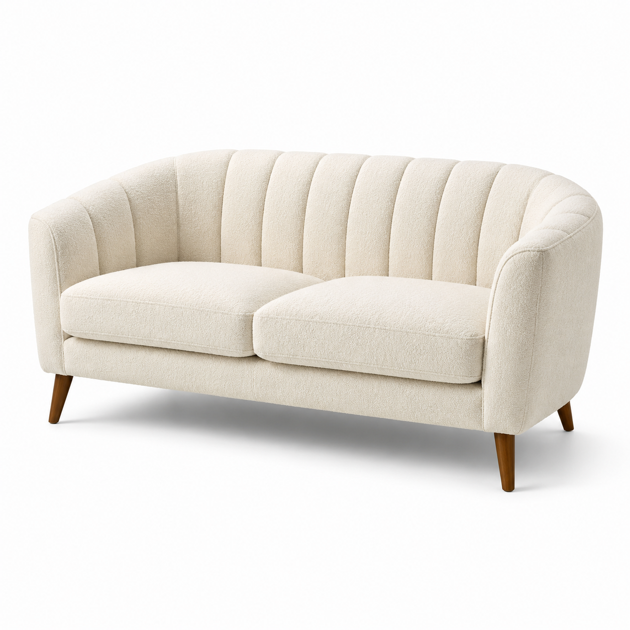 2-Sitzer-Sofa mit Bouclé-Bezug in Creme und braunen Holzfüßen, 175 x 85 x 78 cm