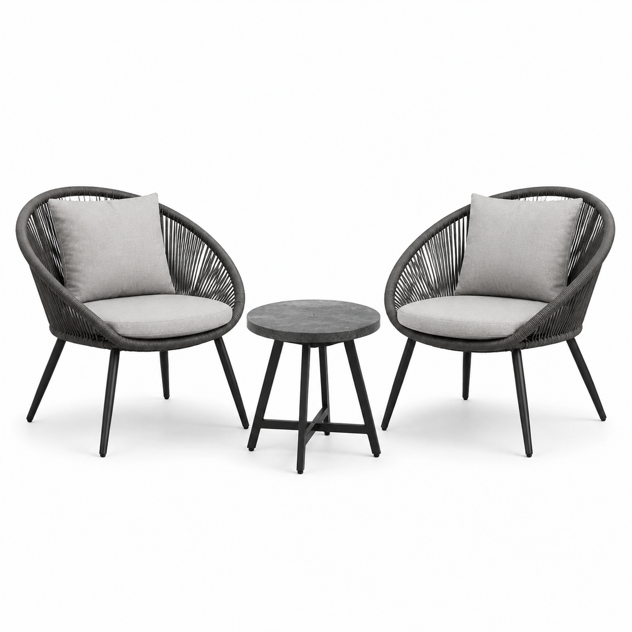 3-teiliges Gartenmöbel-Set aus Polyrattan und Metall in Schwarz/Grau – 2 Sessel 72 x 68 x 80 cm und Tisch Ø 50 x 45 cm