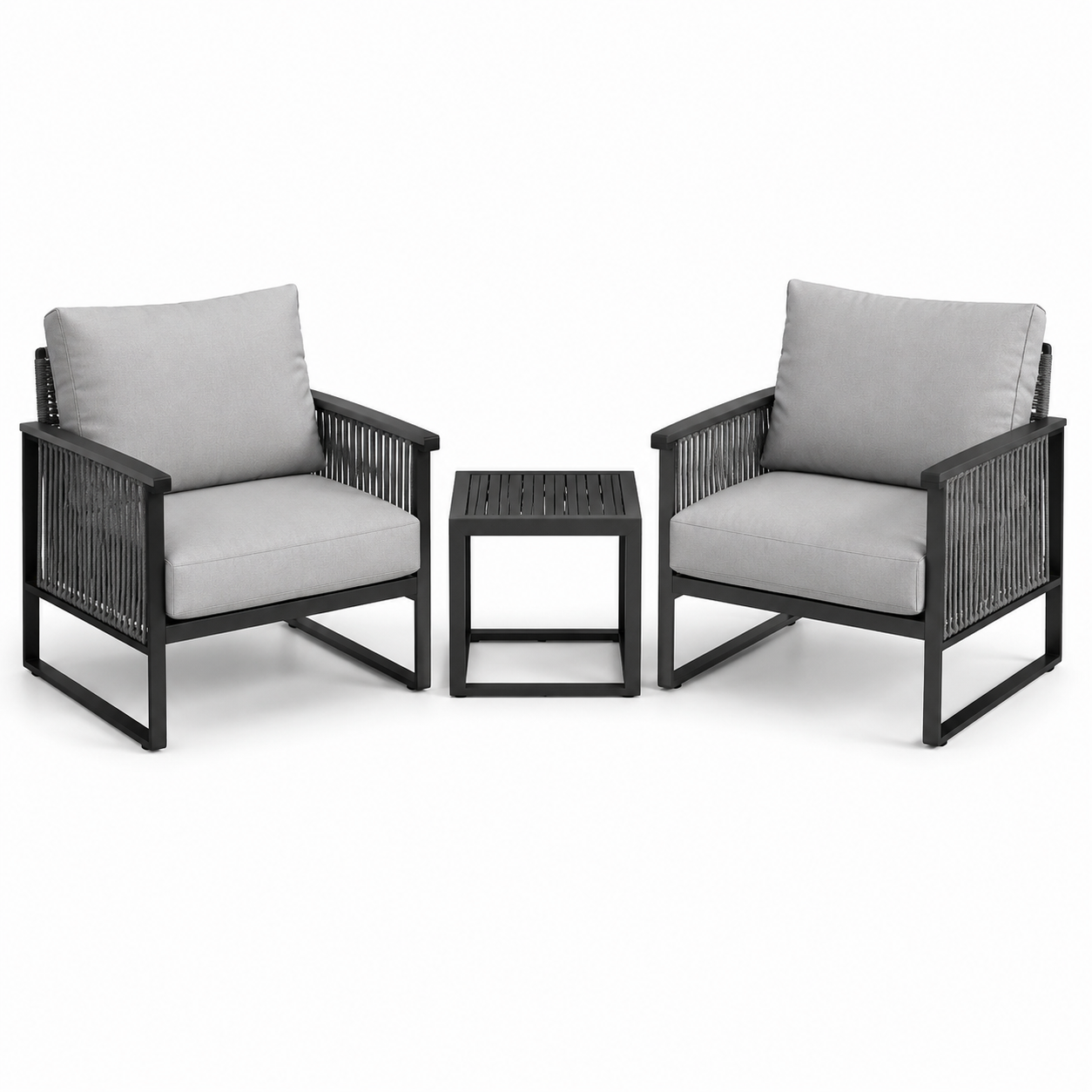 3-teiliges Gartenmöbel-Set Grau/Schwarz mit 2 Gartensesseln 72 x 75 x 80 cm und Beistelltisch 45 x 45 x 45 cm