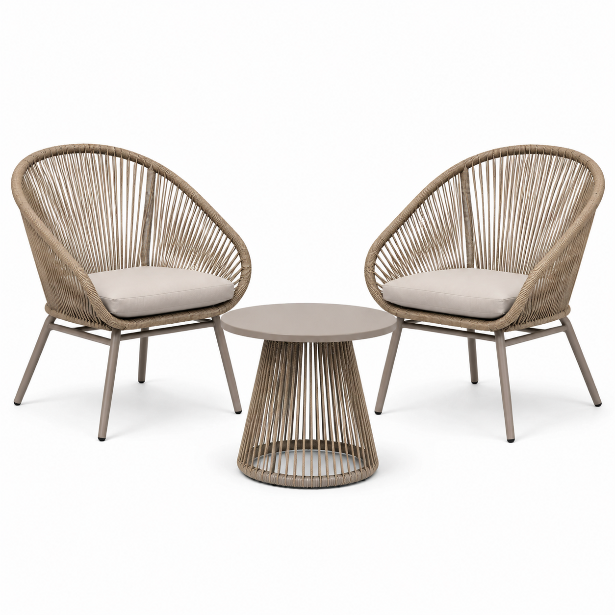 3-teiliges Gartenmöbel-Set in Taupe und Beige mit 2 Sesseln 75 x 77 x 86 cm und Rundtisch 60 x 45 cm