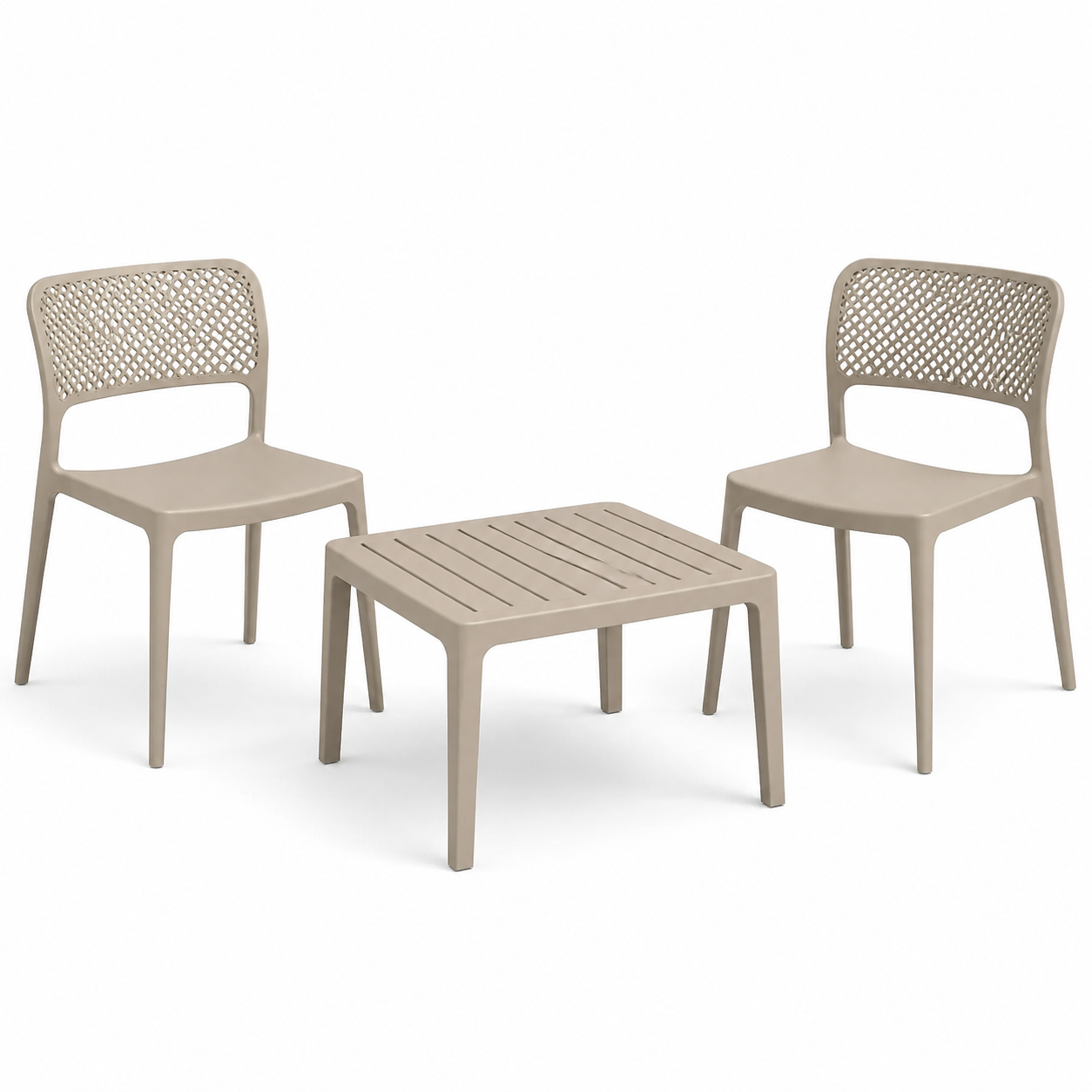 3-teiliges Gartenmöbel-Set aus Kunststoff in Taupe mit 2 Stühlen 56 x 57 x 82 cm und Tisch 59 x 59 x 40 cm
