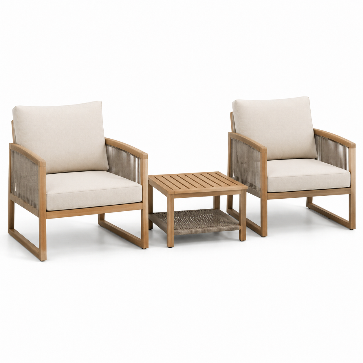 3-teiliges Gartenmöbel-Set aus Holz und Geflecht in Beige/Braun/Grau – 2 Sessel 76 x 78 x 82 cm und Tisch 60 x 60 x 45 cm