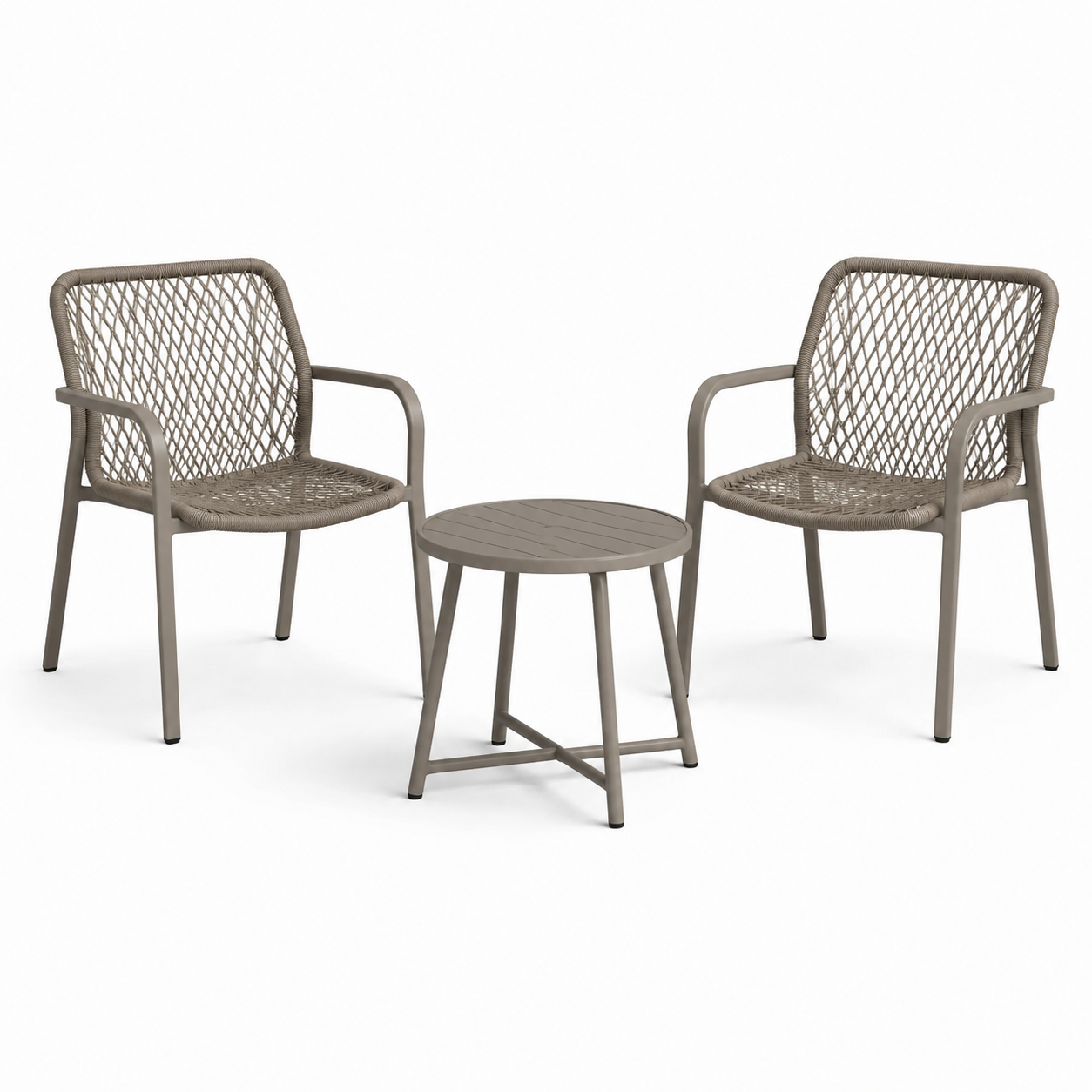 3-teiliges Gartenmöbel-Set in Taupe mit 2 Armlehnstühlen 58 x 60 x 84 cm und rundem Tisch 52 x 45 cm