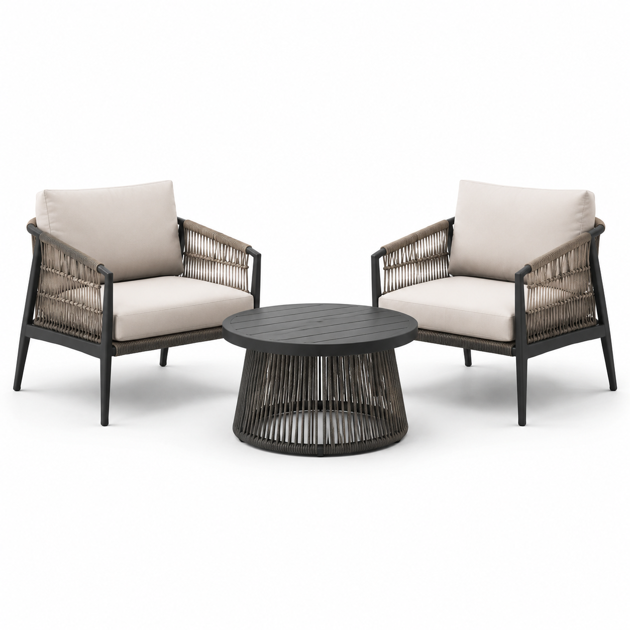 3-teiliges Gartenmöbel-Set mit 2 Sesseln je 74 x 78 x 80 cm und Tisch Ø 80 x 42 cm, Beige/Taupe/Anthrazit