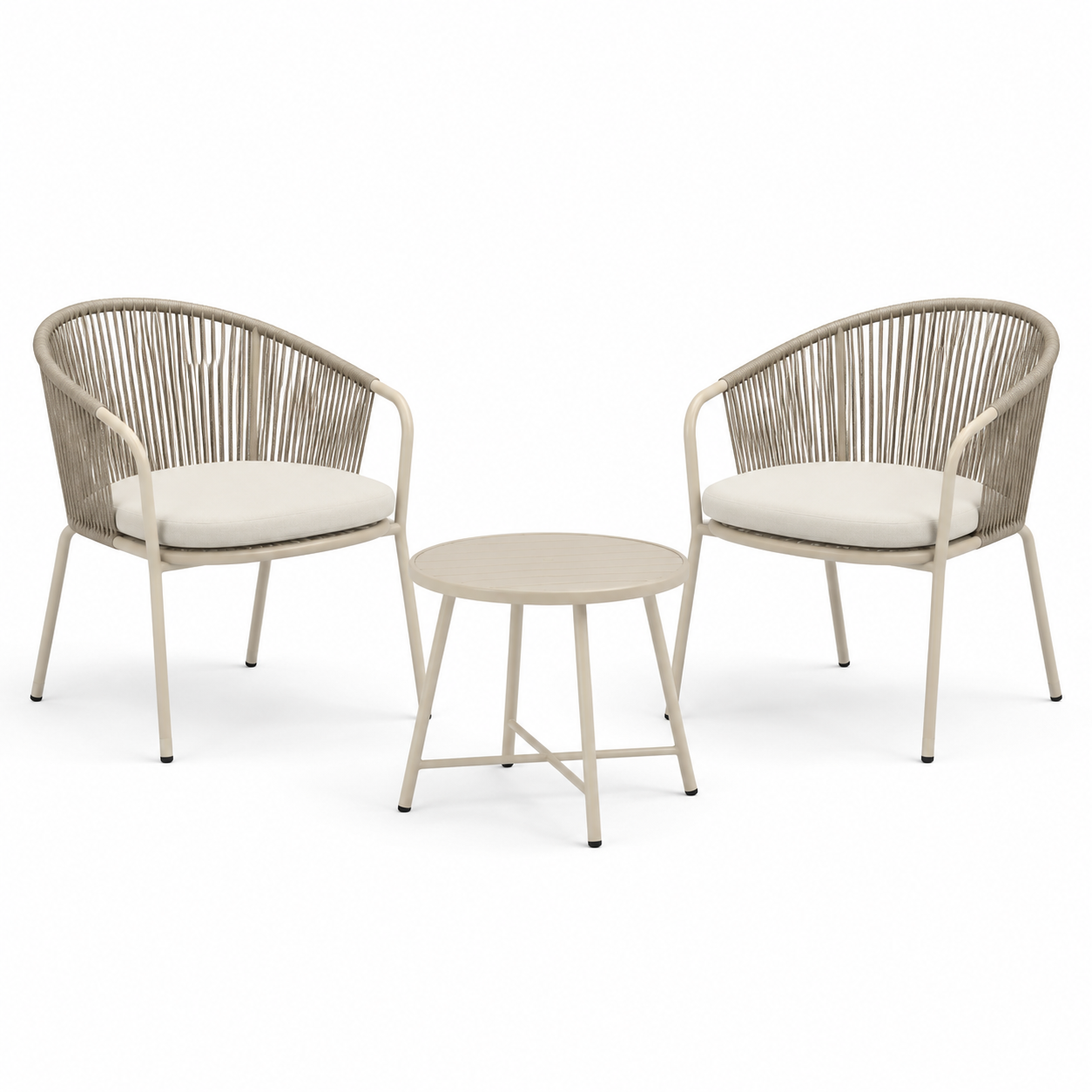 3-teiliges Gartenmöbel-Set in Beige/Taupe – 2 Gartensessel je 70 x 68 x 78 cm und Tisch Ø 55 x 45 cm