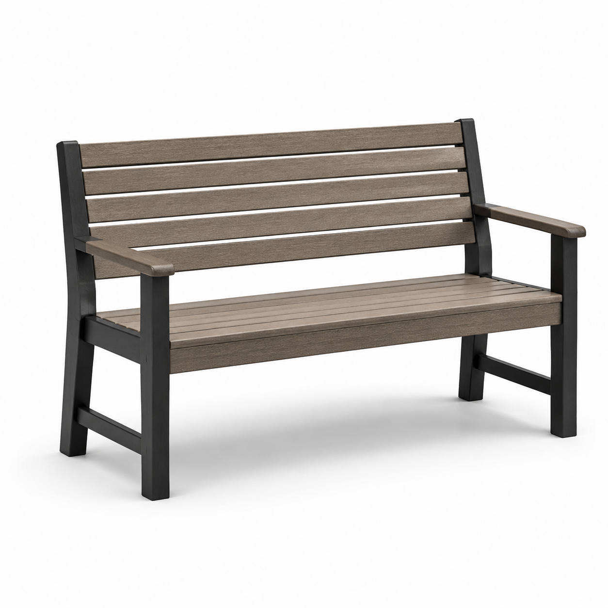 Gartenbank für 2 Personen mit Armlehnen, 125 x 62 x 90 cm, Metall und Kunststoff in Holzoptik, Braun/Schwarz