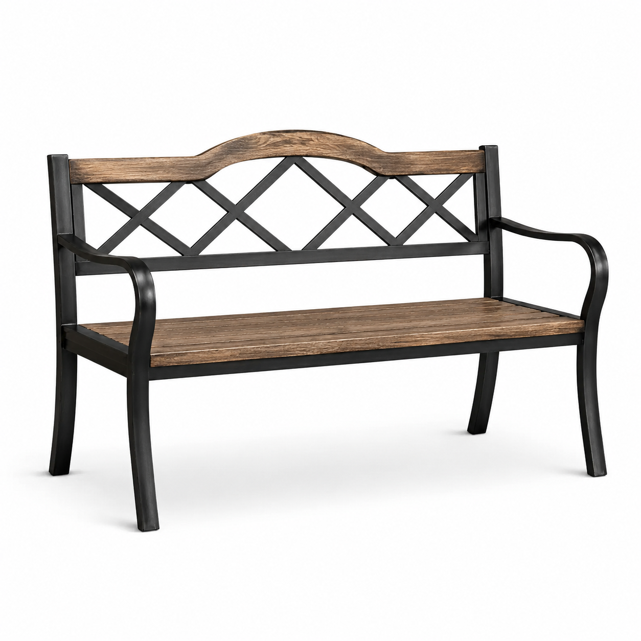 Gartenbank aus Holz und Metall, 127 x 60 x 87 cm, Braun/Schwarz, 2-Sitzer im Landhausstil