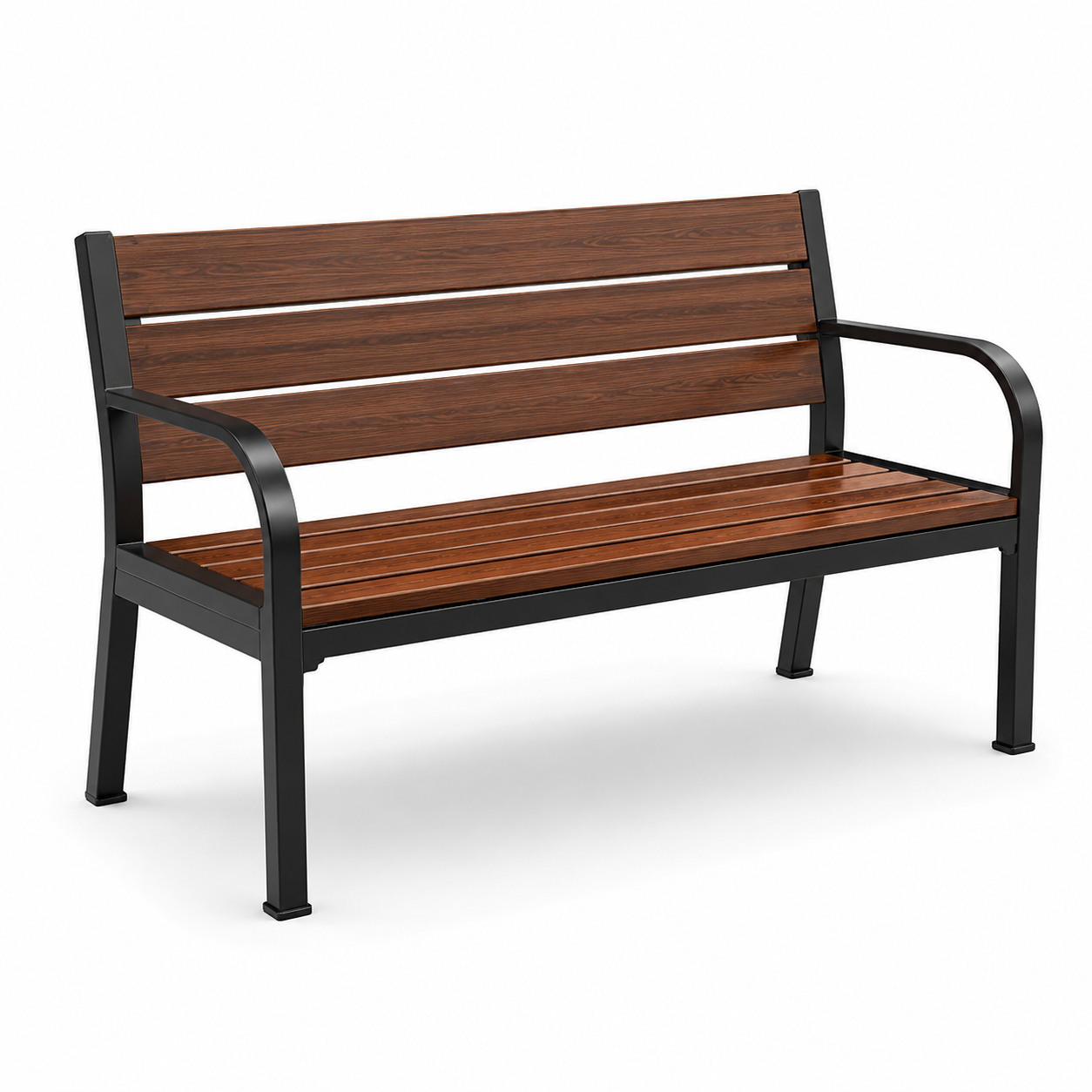 Gartenbank aus Holz und Metall mit Rücken- und Armlehnen, Braun/Schwarz, 125 x 60 x 85 cm