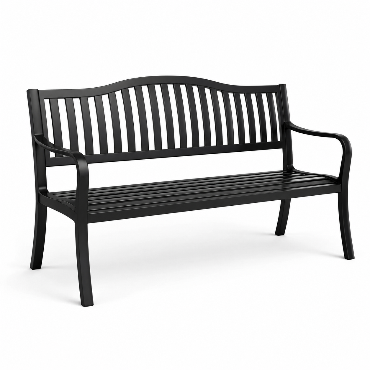 Schwarze Gartenbank aus Metall, 127 x 60 x 89 cm, 2-Sitzer mit Armlehnen