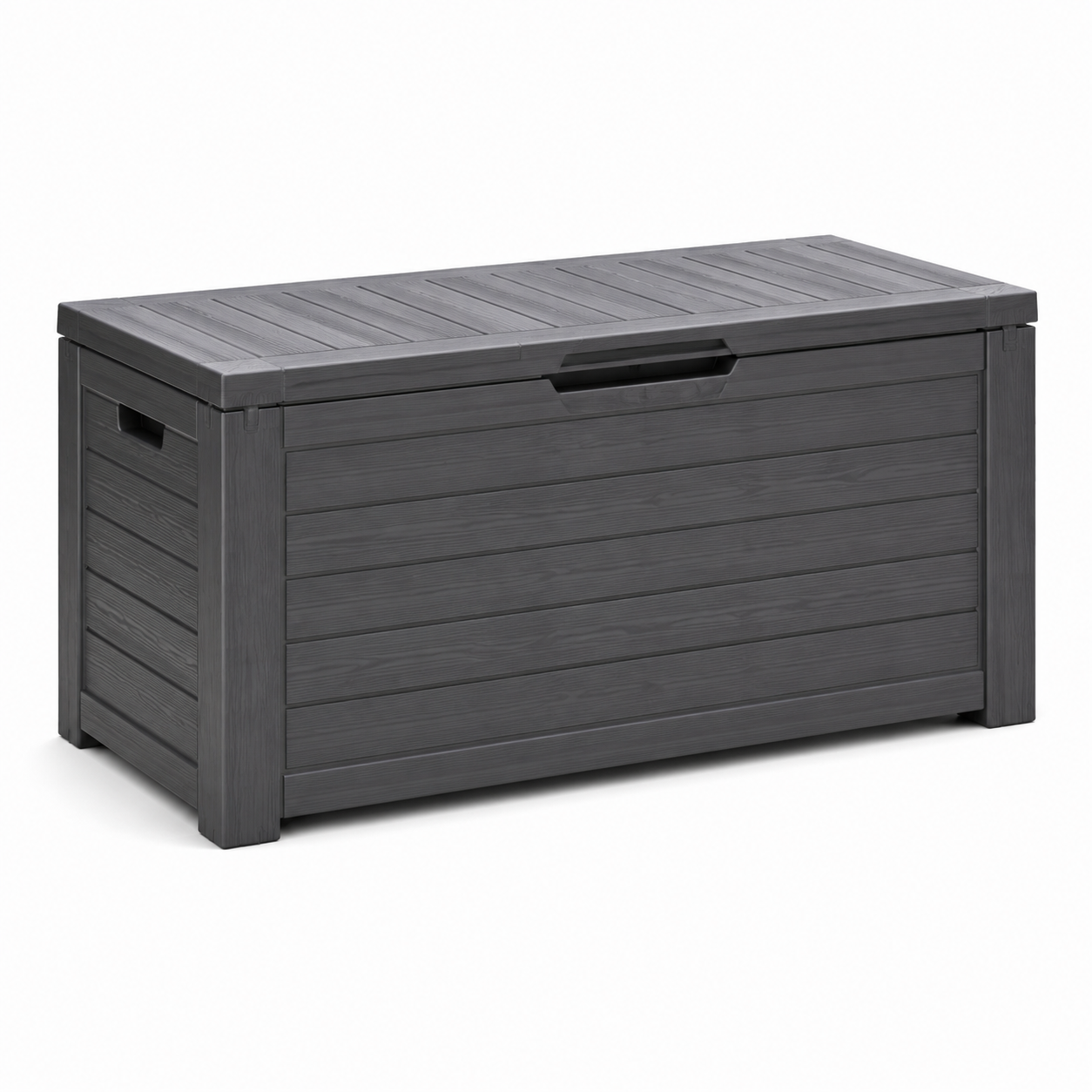 Garten-Aufbewahrungsbox aus Kunststoff in Dunkelgrau, 120 x 55 x 63 cm, Holzoptik mit Klappdeckel