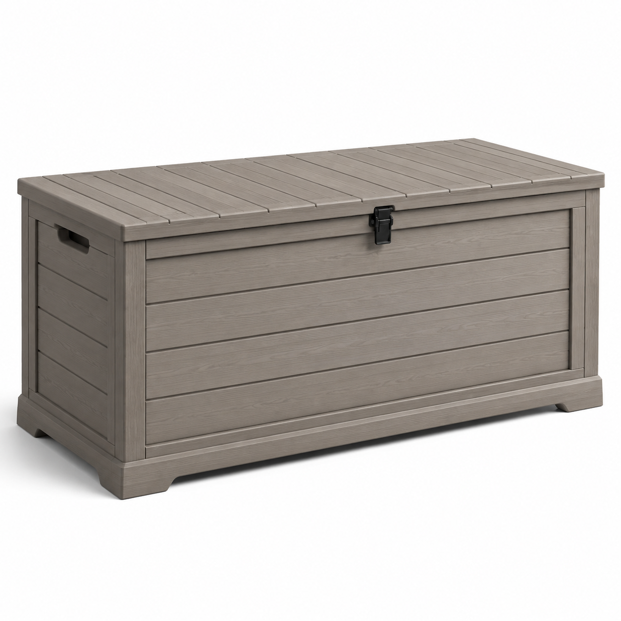 Garten-Aufbewahrungsbox aus Kunststoff mit Klappdeckel, 150 x 70 x 65 cm, Graubraun/Schwarz, Holzoptik