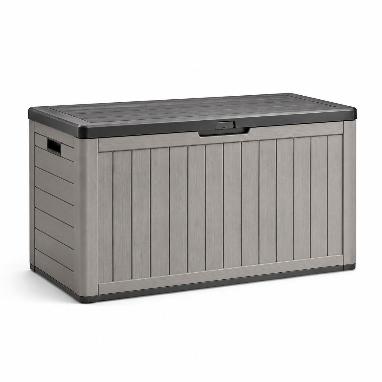 Garten-Aufbewahrungsbox aus Kunststoff mit Klappdeckel, 120 x 55 x 60 cm, Grau/Anthrazit, Holzoptik