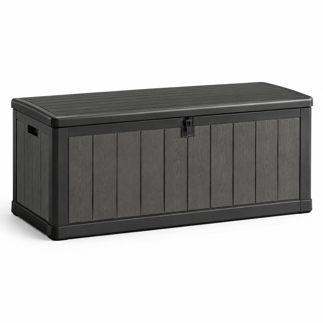 Garten-Aufbewahrungsbox aus Kunststoff mit verschließbarem Deckel, 120 x 55 x 60 cm, Anthrazit/Schwarz, Holzoptik