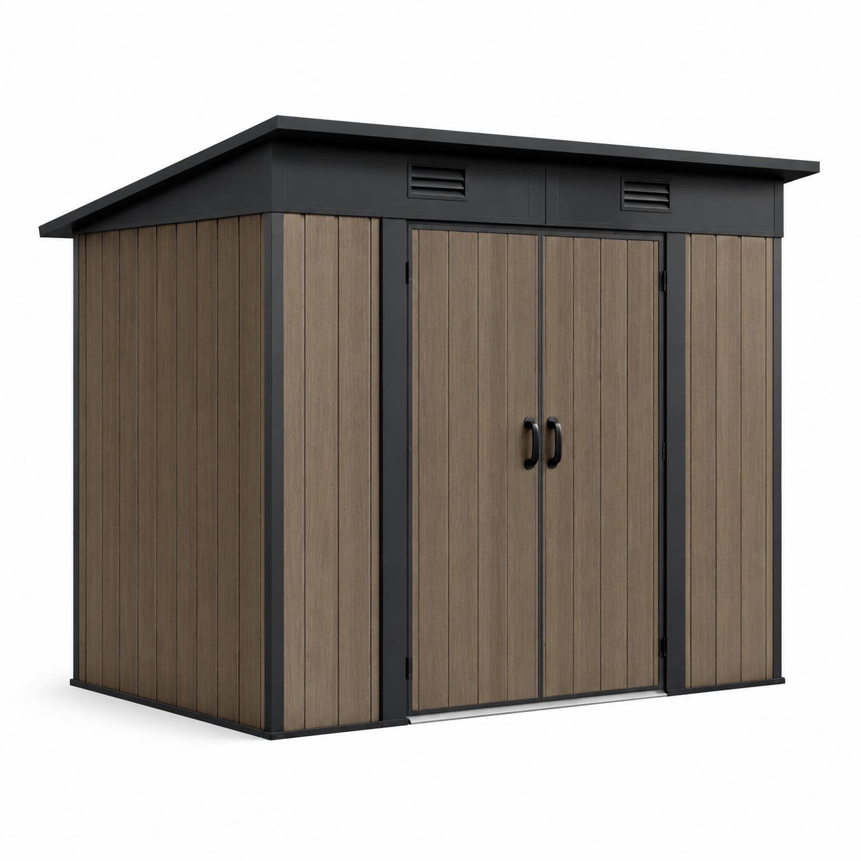 Gerätehaus aus Metall und Verbundwerkstoff, Braun/Schwarz, 220 x 150 x 215 cm, mit Doppeltür und Belüftung