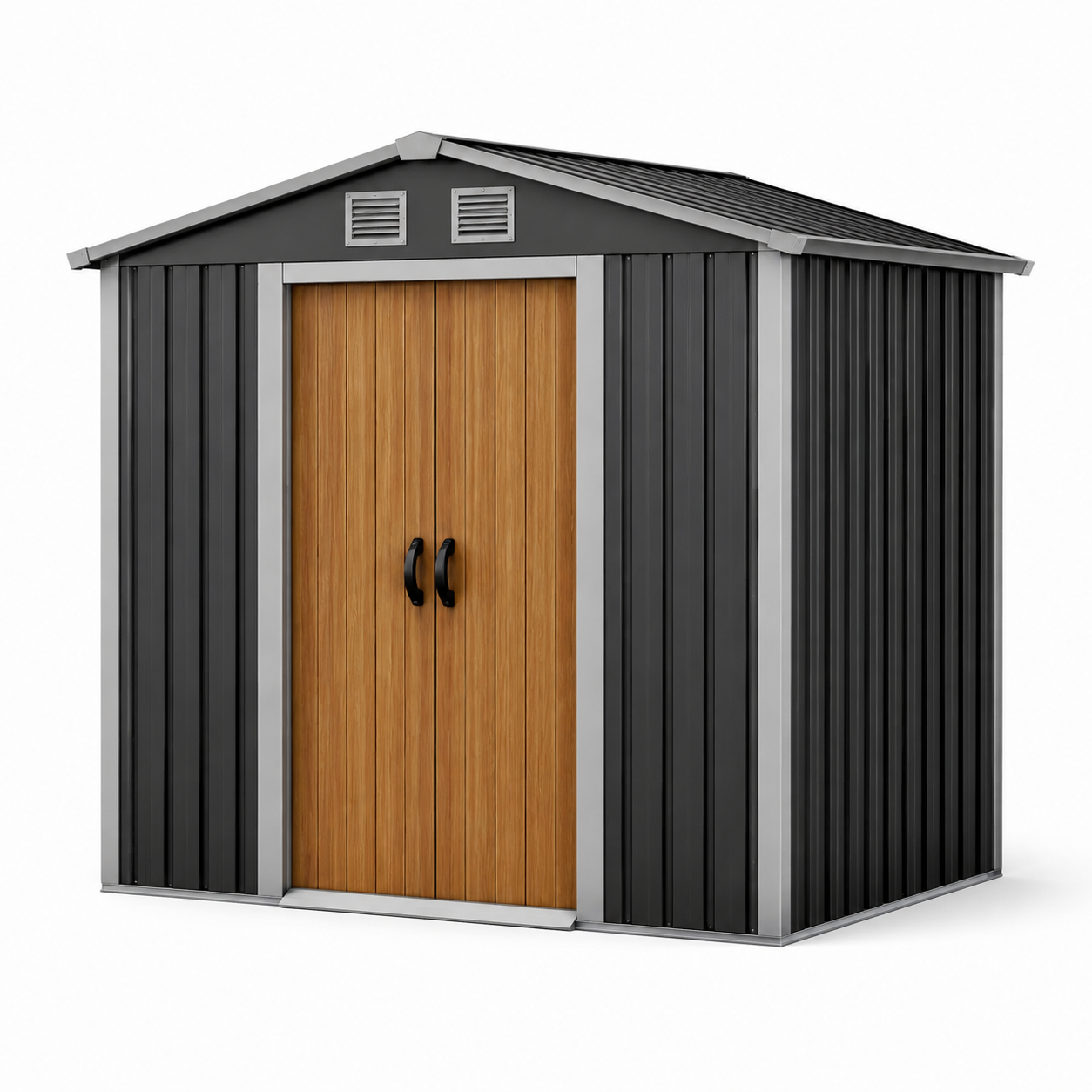 Stahl-Gerätehaus 238 x 181 x 206 cm in Anthrazit, Holzbraun und Silber mit Doppeltür, Belüftung und Satteldach