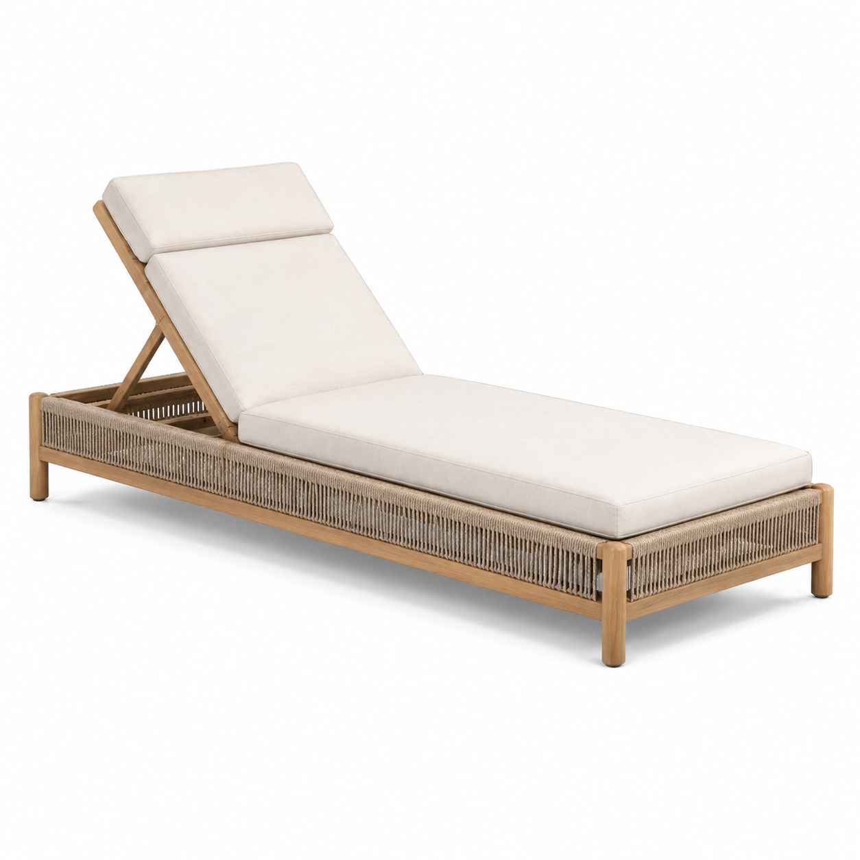 Verstellbare Gartenliege aus Holz mit Seilgeflecht und Polsterauflage, Creme/Natur, 200 x 75 x 95 cm