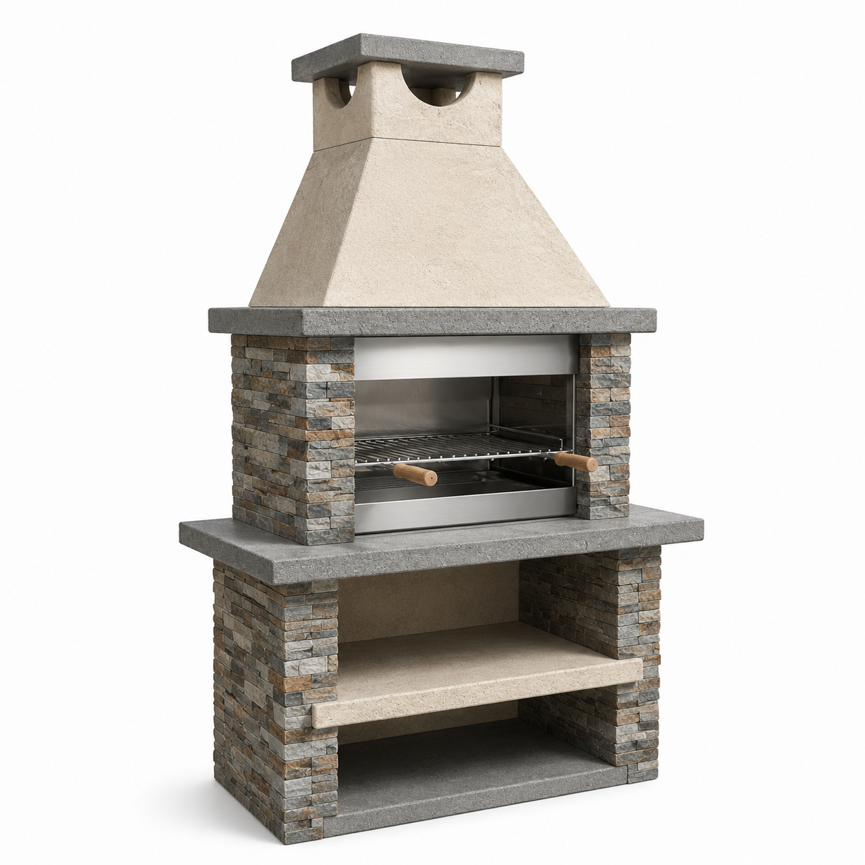 Grillkamin aus Beton und Naturstein mit Grillrost und Ablageflächen, 120 x 75 x 220 cm, Grau/Beige/Braun/Silber