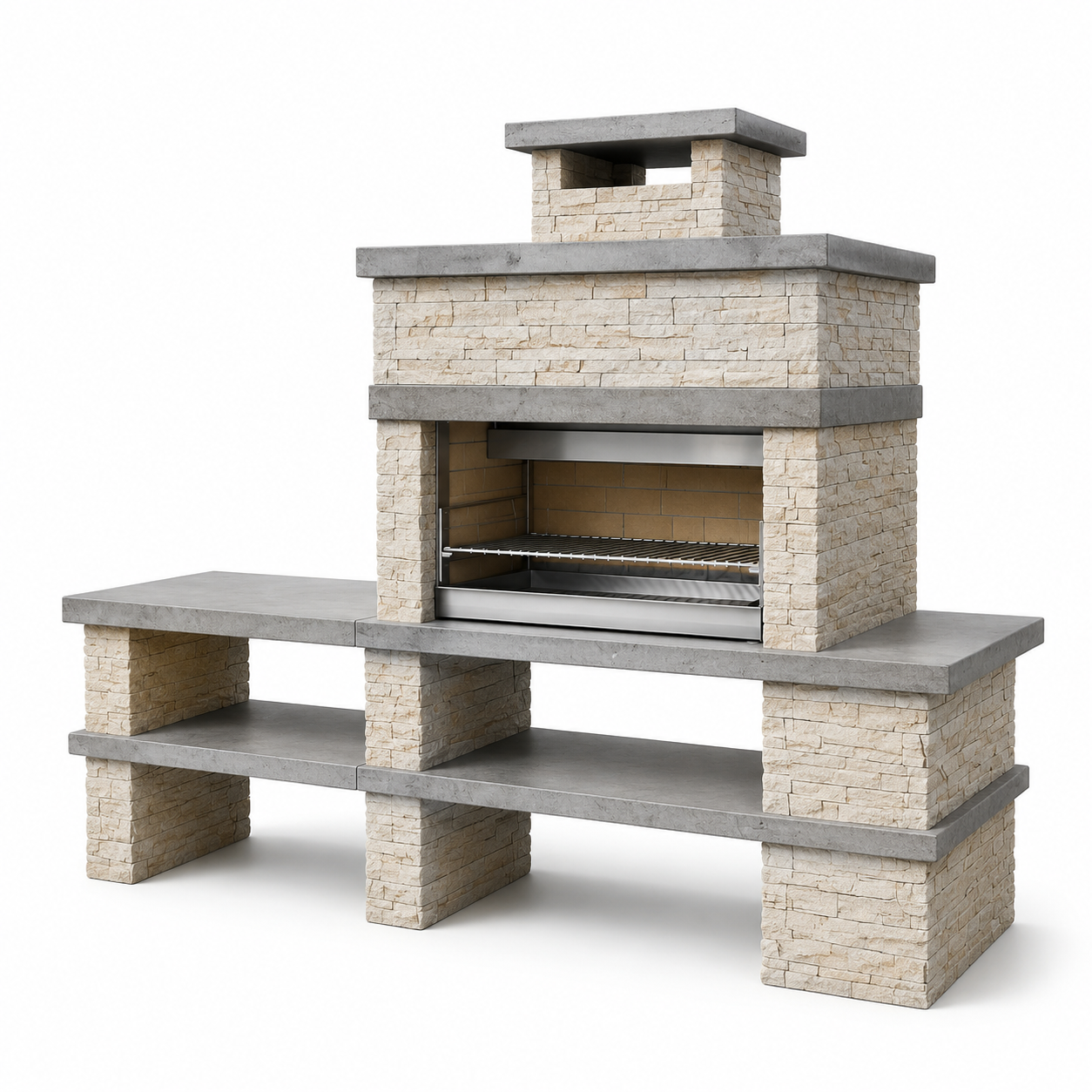 Gartenkamin mit höhenverstellbarem Grillrost und Ablagen, 240 x 70 x 220 cm, Beige/Grau/Silber