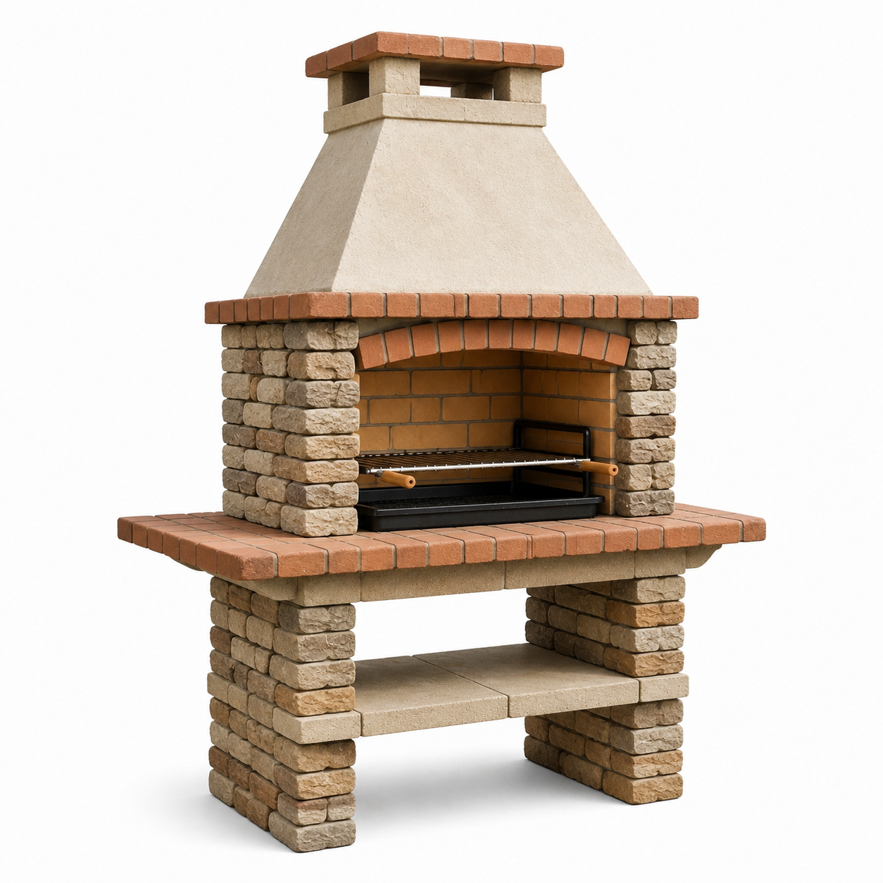 Gartengrill aus Betonwerkstein mit Kamin und Ablagefach, 110 x 65 x 210 cm, Beige/Terrakotta/Schwarz