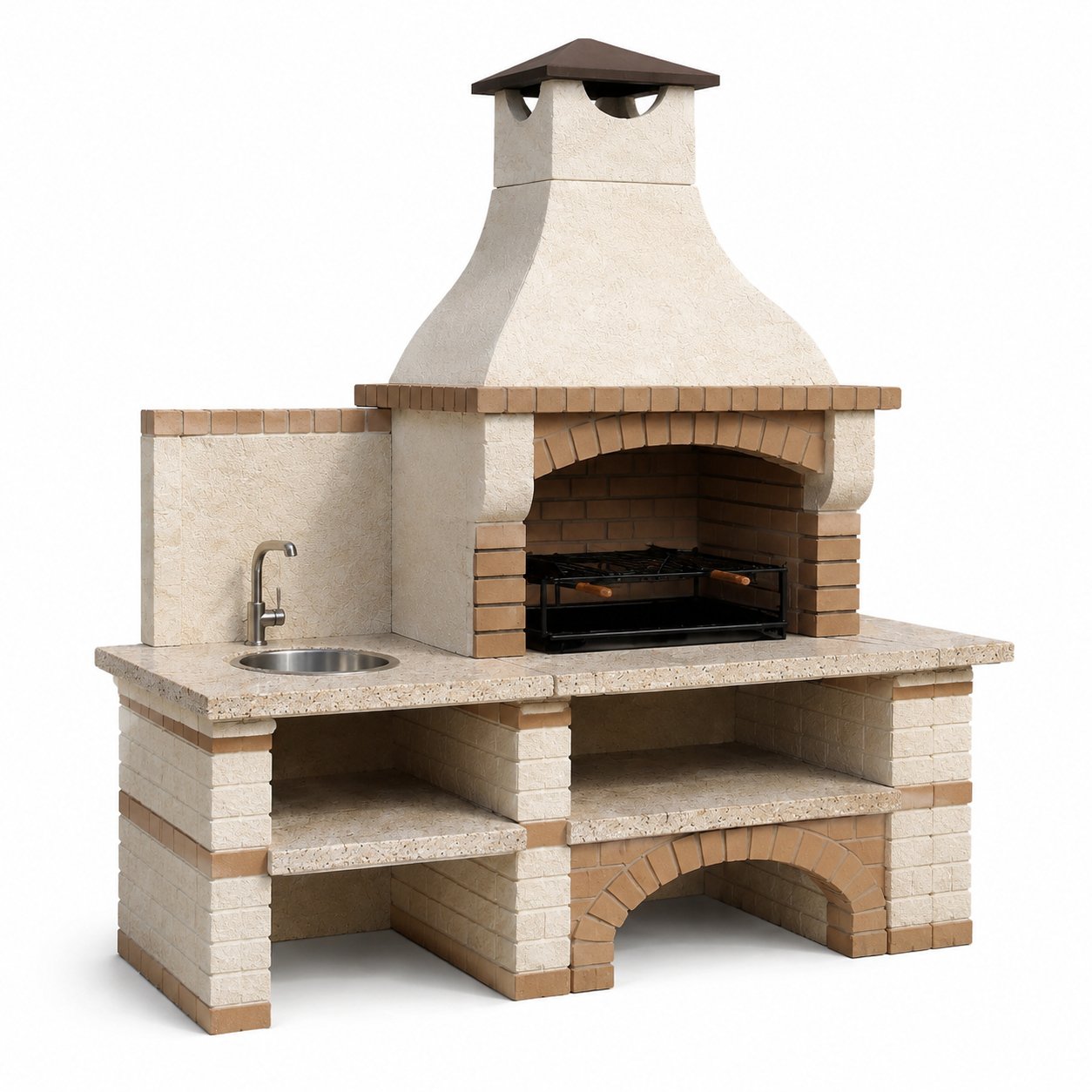 Grillkamin aus Steinverbund mit Spüle und Ablagefächern, Creme/Braun, 190 x 70 x 230 cm