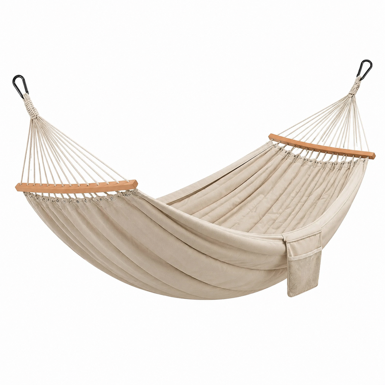 Hängematte 300 x 150 cm in Beige mit Holzspreizstäben, Seitentasche un – nestexpansion