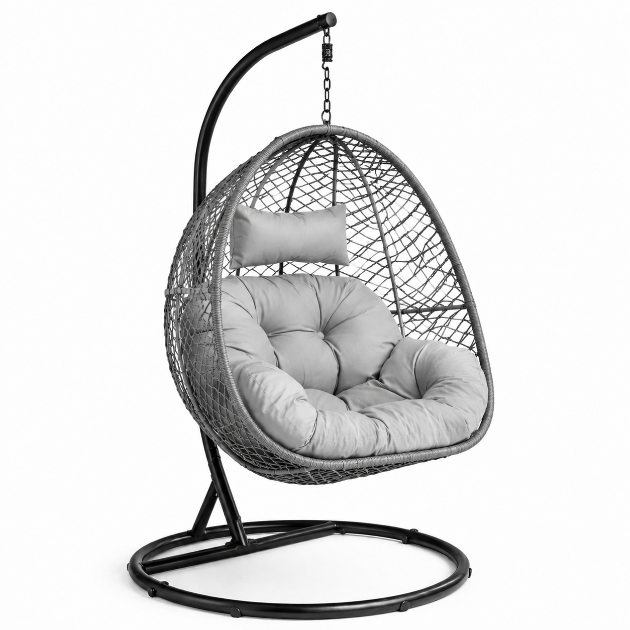Hängesessel aus Stahl und Polyrattan mit Polstern, Grau/Schwarz, 105 x 105 x 195 cm, für innen und geschützte Außenbereiche