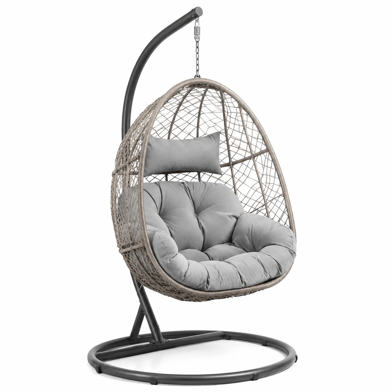 Freistehender Hängesessel mit Gestell, Sitzpolster und Kopfkissen, 105 x 105 x 195 cm, Grau/Schwarz/Taupe