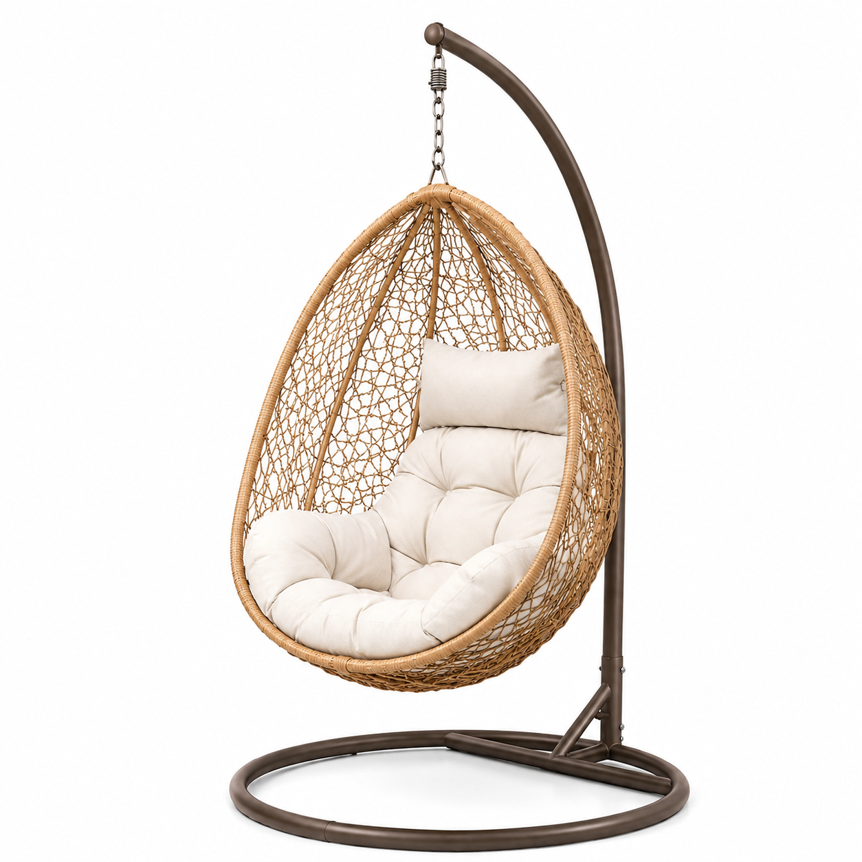 Hängesessel mit Gestell und Polsterauflage, 105 x 105 x 195 cm, Naturbraun/Dunkelbraun/Creme