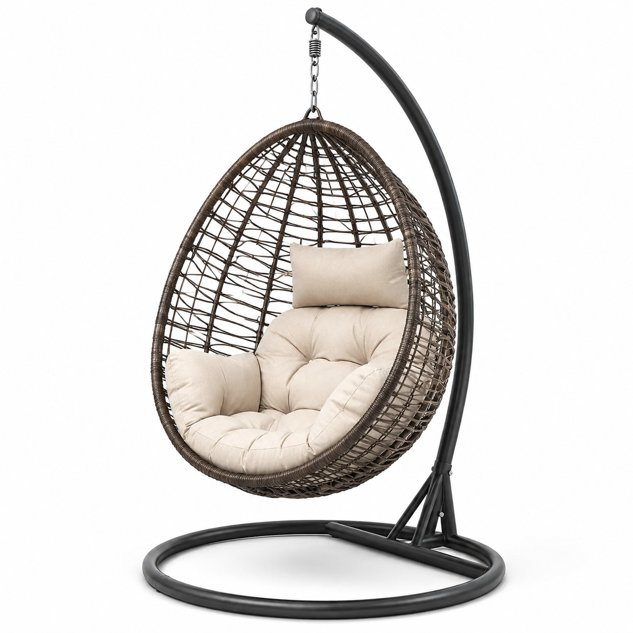 Freistehender Hängesessel mit Gestell und Polsterung, 105 x 105 x 195 cm, Braun/Beige/Schwarz