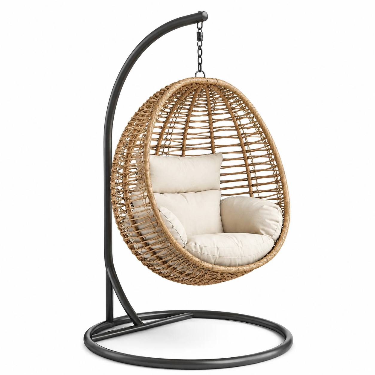 Hängesessel mit freistehendem Gestell, 105 x 105 x 195 cm, Stahl und Polyrattan, Naturfarben/Schwarz/Creme
