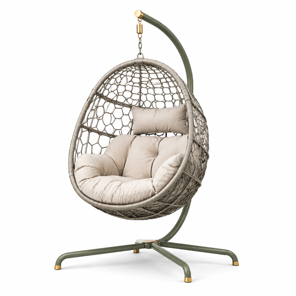 Freistehender Hängesessel mit Gestell und Polster, 110 x 110 x 195 cm, Taupe/Beige/Olivgrün/Gold