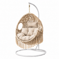Freistehender Hängesessel mit Gestell und Polster, 120 x 105 x 195 cm, Beige/Weiß/Gold